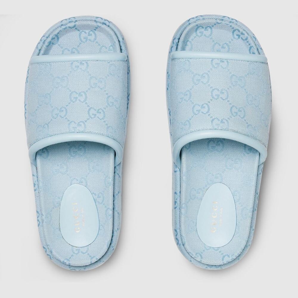 Gucci Light Blue GG Monogram Logo Canvas Mule Flat Slide Platform Sandal 39.5 - Picture 10 of 16